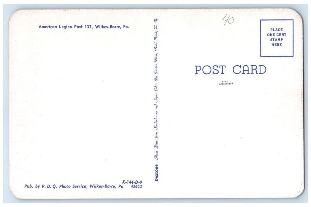 c1960 Exterior View American Legion Post 132 Wilkes Barre Pennsylvania Postcard
