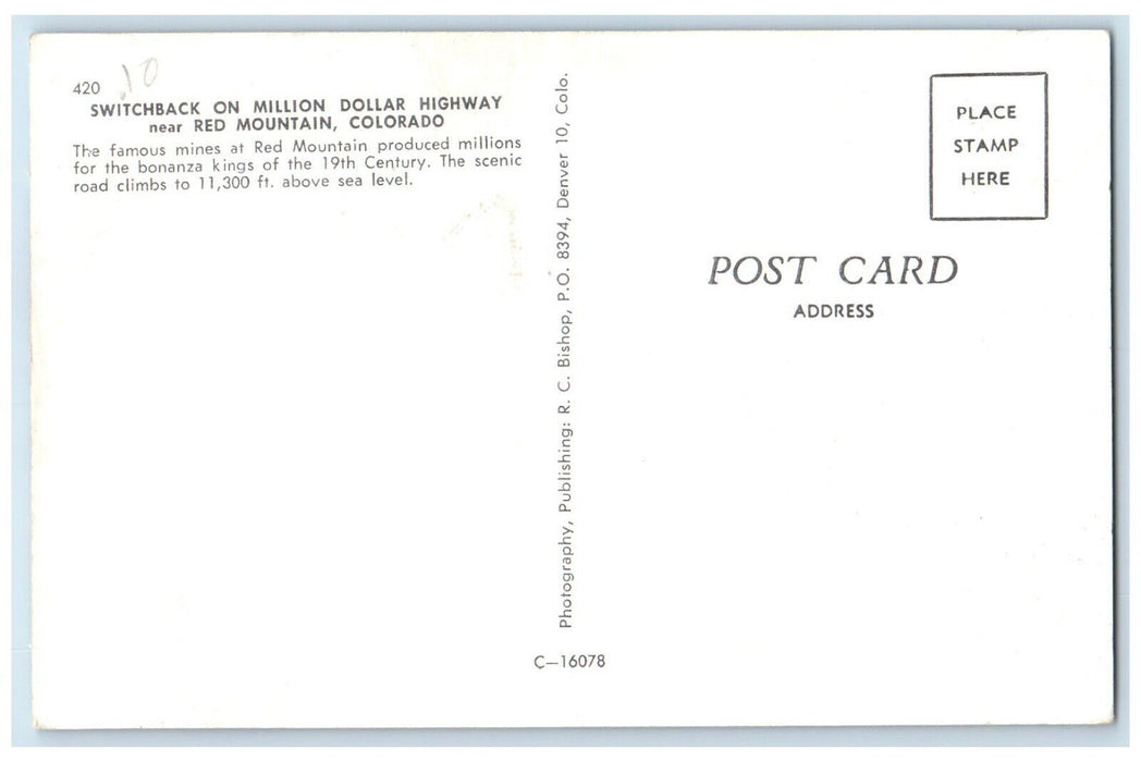 c1960 Switchback Million Dollar Highway Red Mountain Colorado Unposted Postcard