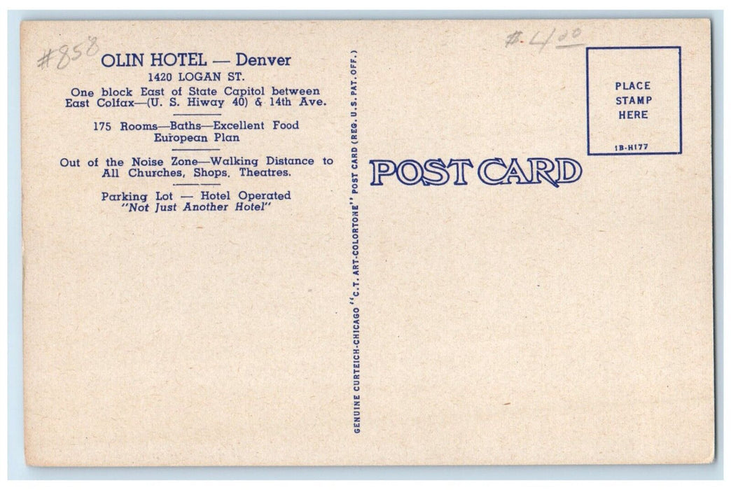 c1950's Olin Hotel Building Scene Street Denver Colorado CO Antique Postcard