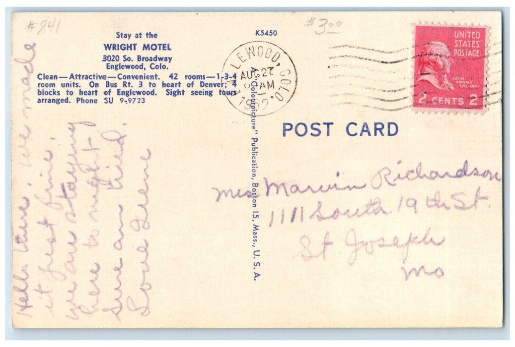 1952 Wright Motel Roadside Denver Eaglewood Colorado CO Posted Vintage Postcard