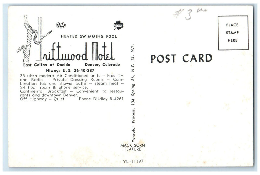 c1950's Driftwood Motel Roadside Pool Scene Cars Denver Colorado CO Postcard