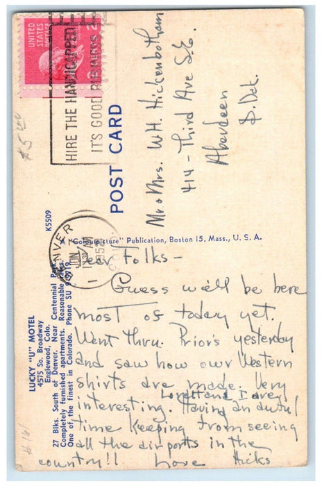 1952 Lucky U Motel Roadside Denver Colorado CO Posted Vintage Postcard