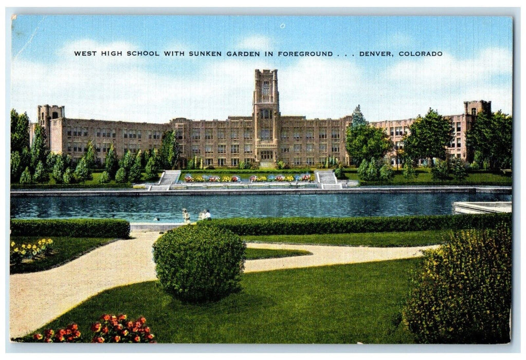 c1960's West High School With Sunken Garden In Foreground Denver CO Postcard
