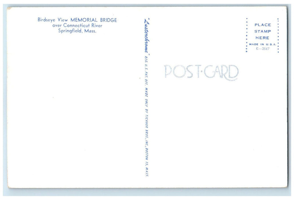 c1960 Birdseye View Memorial Bridge Connecticut River Springfield Mass Postcard