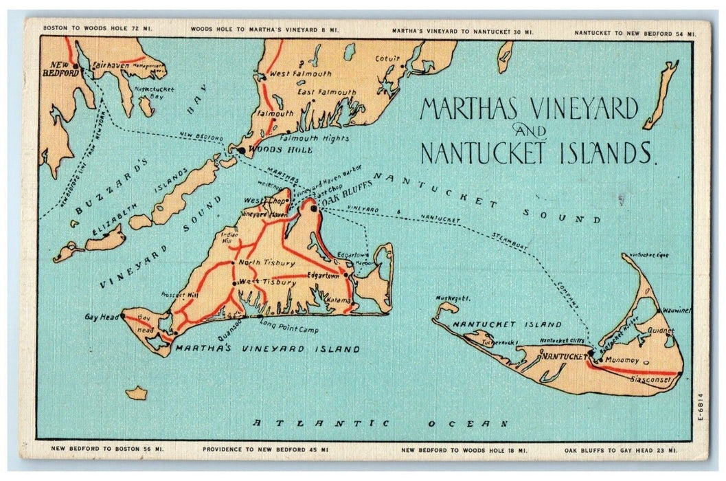 1950 Marthas Vineyard Nantucket Islands Massachusetts Vintage Antique Postcard