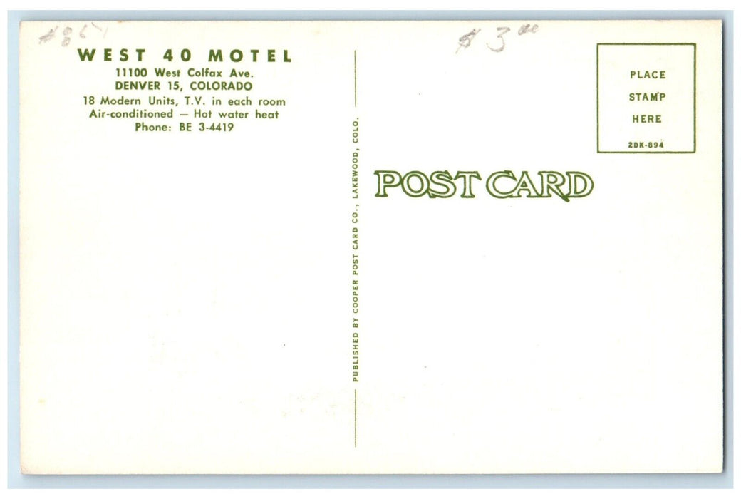c1950's West 40 Motel Roadside Cars Denver Colorado CO Unposted Vintage Postcard