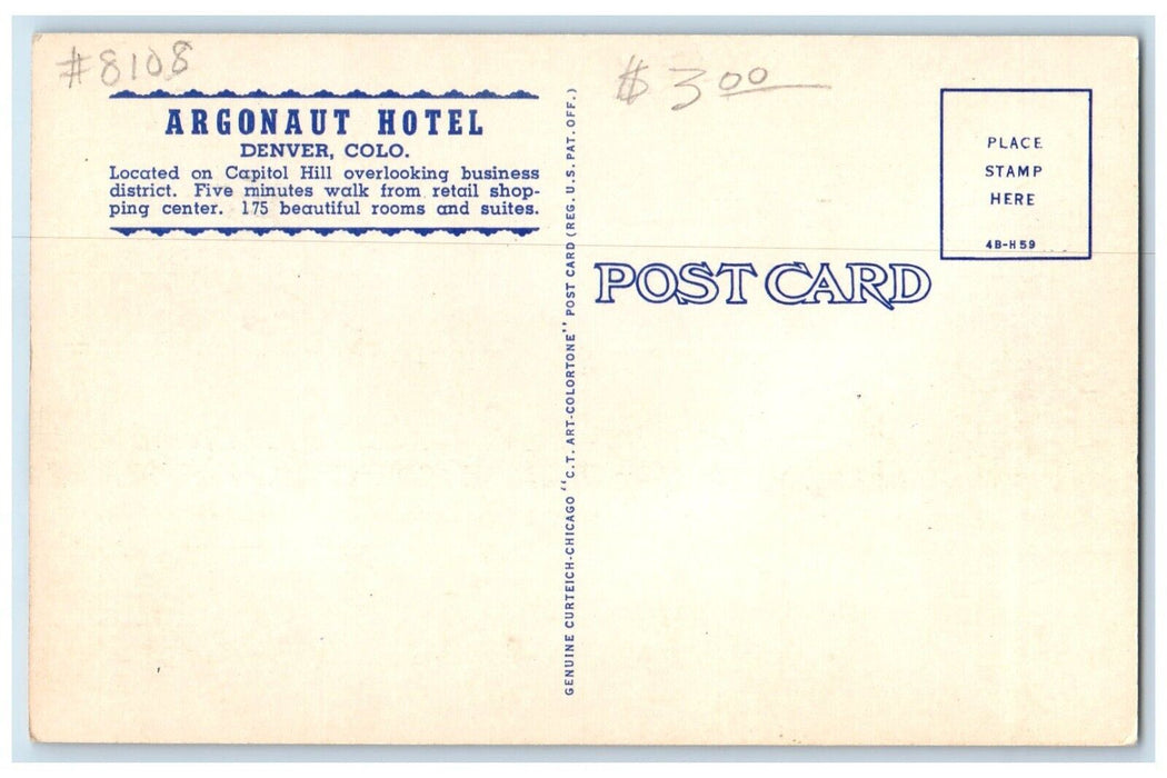 c1950's Argonaut Hotel Building Opposite The Capitol Denver Colorado CO Postcard