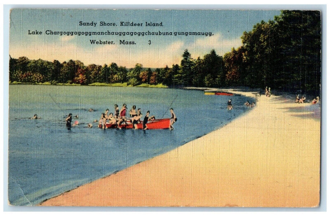 c1940 Sandy Shore Killdeer Island Lake Chargogaggoggman Webster Mass MA Postcard