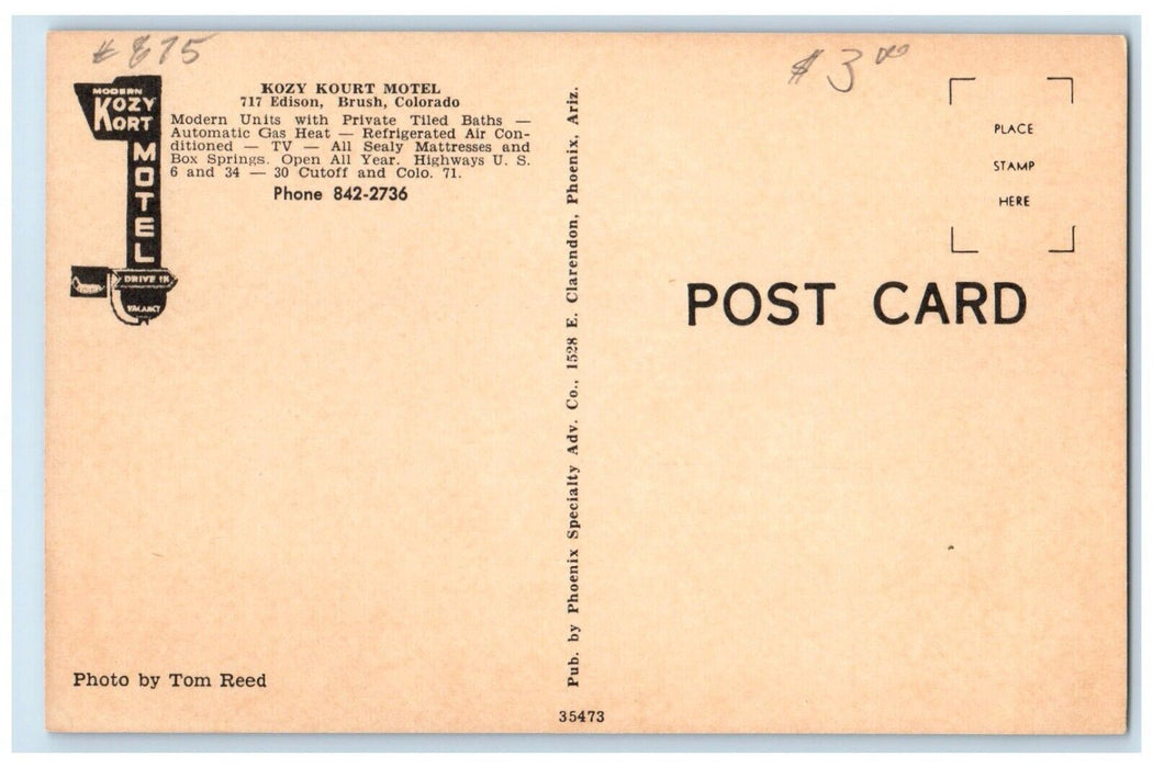 c1950's Kozy Kourt Motel Roadside Brush Colorado CO Unposted Vintage Postcard