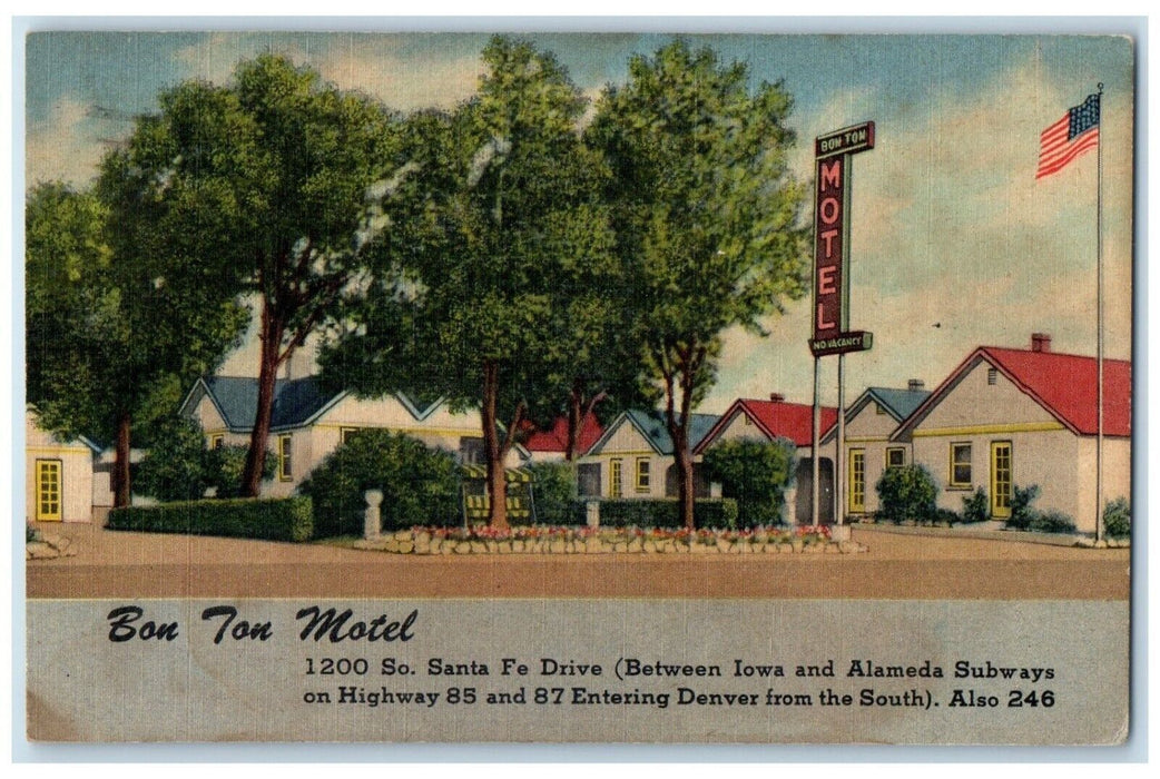 1954 Bon Ton Motel Roadside Flag Denver Colorado CO Posted Vintage Postcard