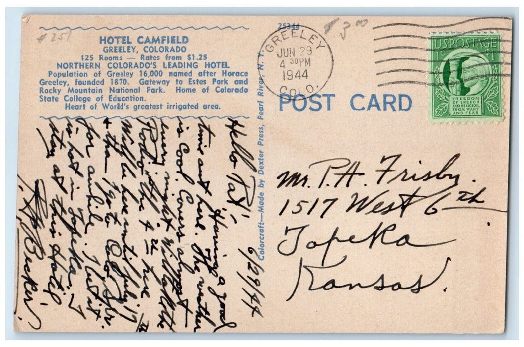 1944 Hotel Camfield Building Cars Street View Greeley Colorado CO Postcard