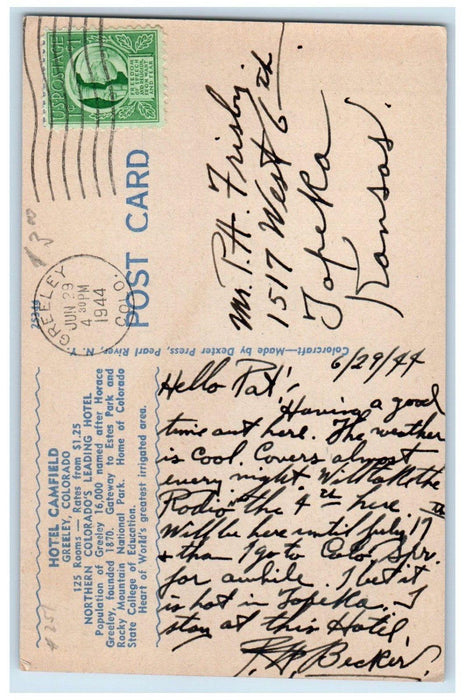 1944 Hotel Camfield Building Cars Street View Greeley Colorado CO Postcard