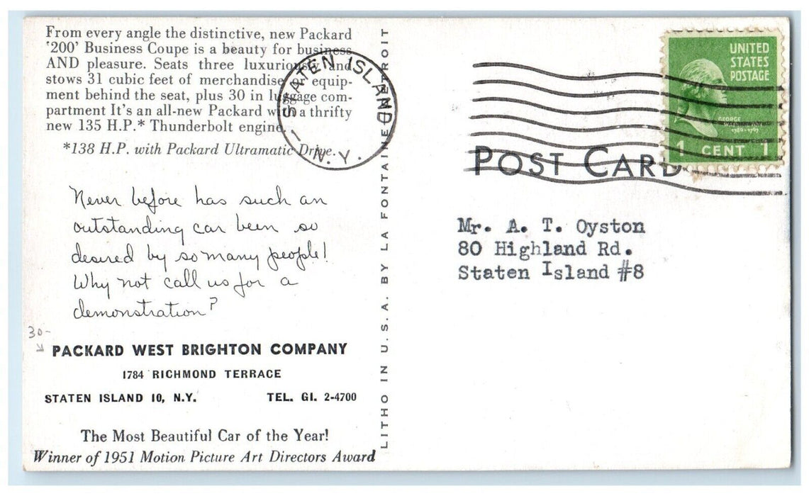1951 Packard West Brighton Company 200 Business Coupe Staten Island NY  Postcard