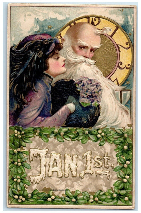 c1910's New Year Jan 1st Old Man Time Mistletoe Clock Winsch Back Postcard