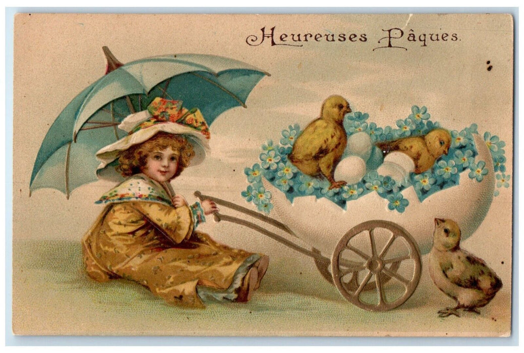 c1910's Easter Pretty Girl Wagon Hatched Egg Flowers Chicks Antique Postcard