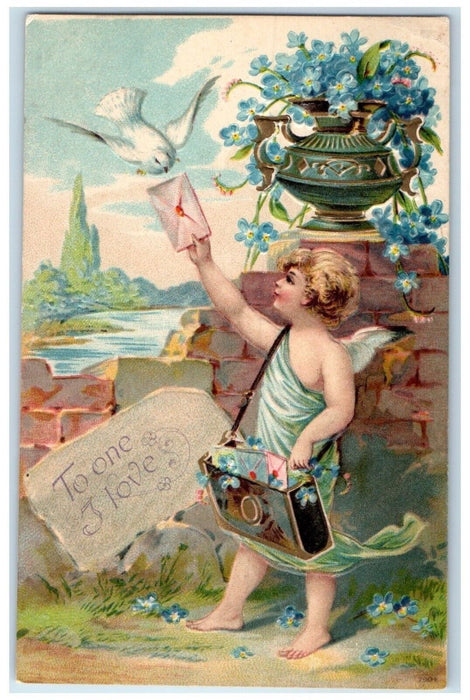 c1910's Valentine Angel Mailman Flowers Dove Sending Letter Embossed Postcard