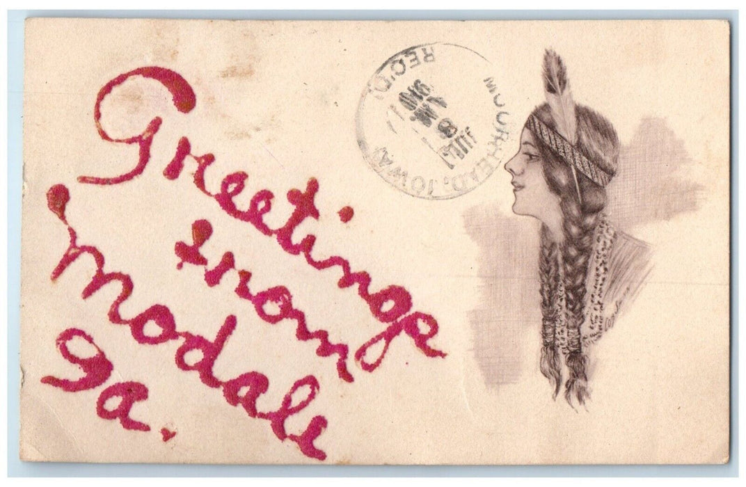 1910 Greetings From Modale Iowa IA, Indian Girl Headdress Antique Postcard