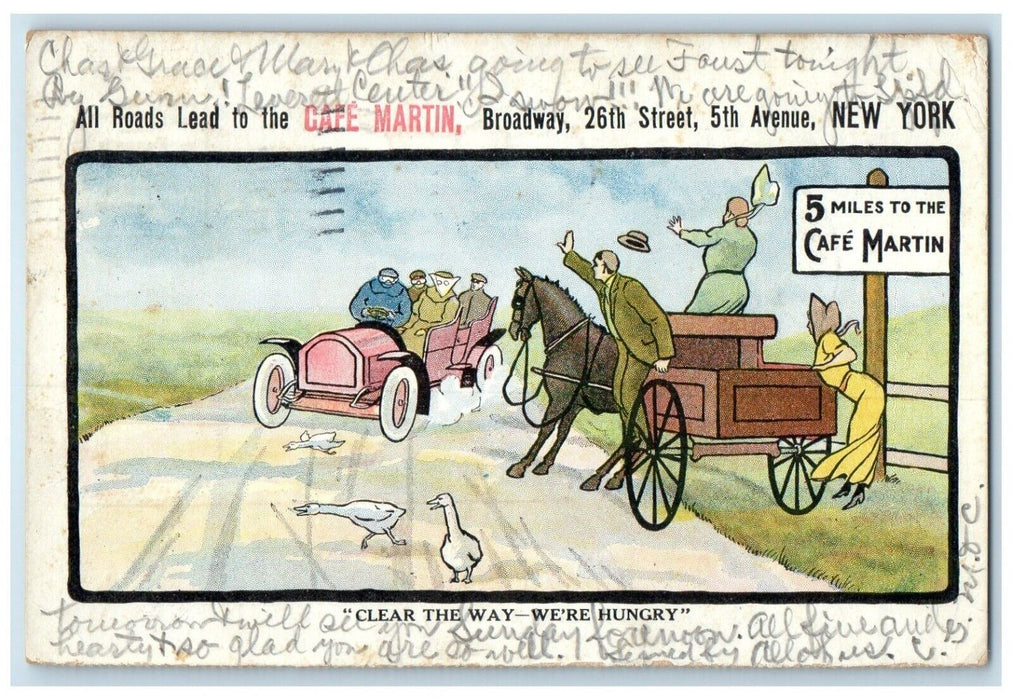 1907 Car Horse Carriage Lead To Cafe Martin Advertising Chicopee MA Postcard