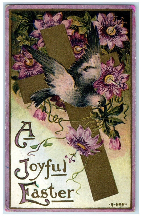 c1910's Easter Holy Cross Bird Purple Flowers Embossed Posted Antique Postcard