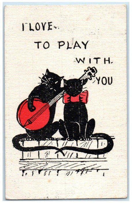 1908 Black Cat Kitten Playing Banjo Boston Waverly Massachusetts MA Postcard