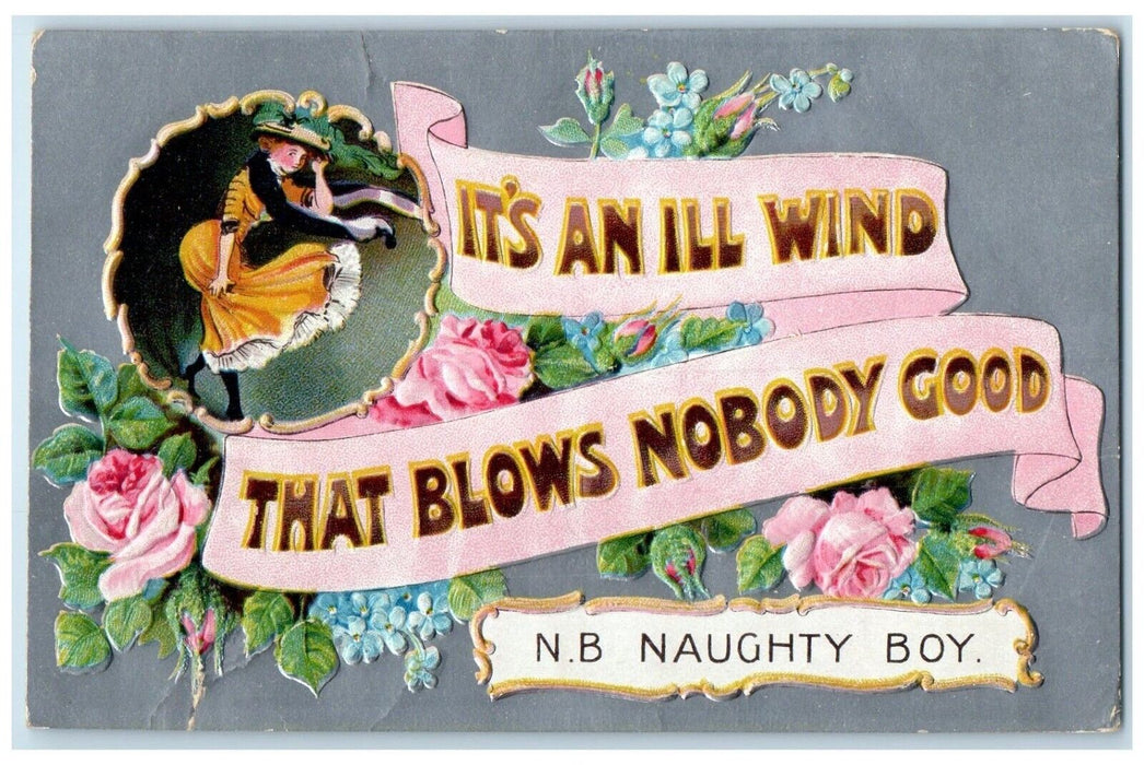 c1910's Pretty Woman Flowers NB Naughty Boy Embossed Posted Antique Postcard