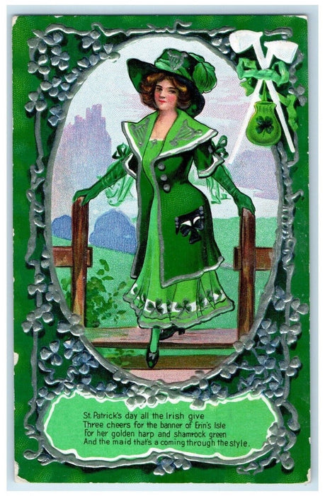 c1910's St. Patrick's Day Pretty Woman Embossed Enfield Hants Co. NS Postcard
