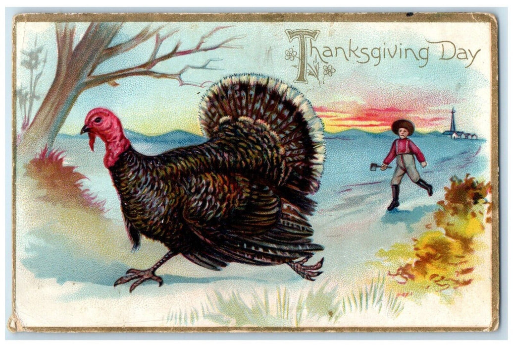 c1910s Thanksgiving Day Boy With Hatchet Chasing Turkey Tuck's Embossed Postcard