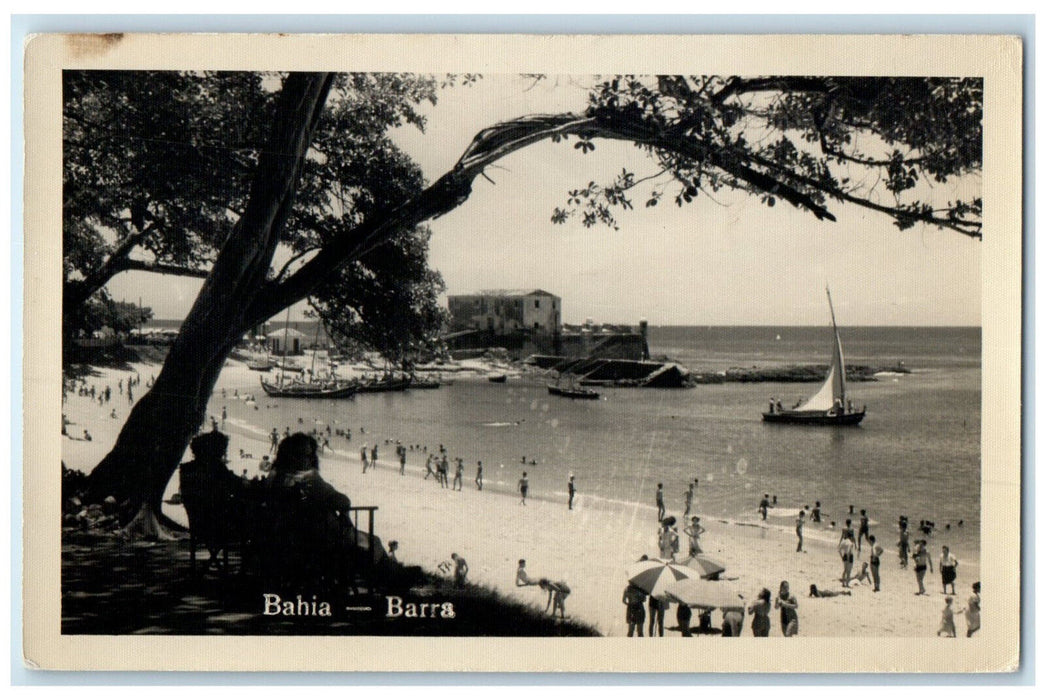 c1940's Scene of Sailboat Beach Crowds Bahia Barra Brazil RPPC Photo Postcard