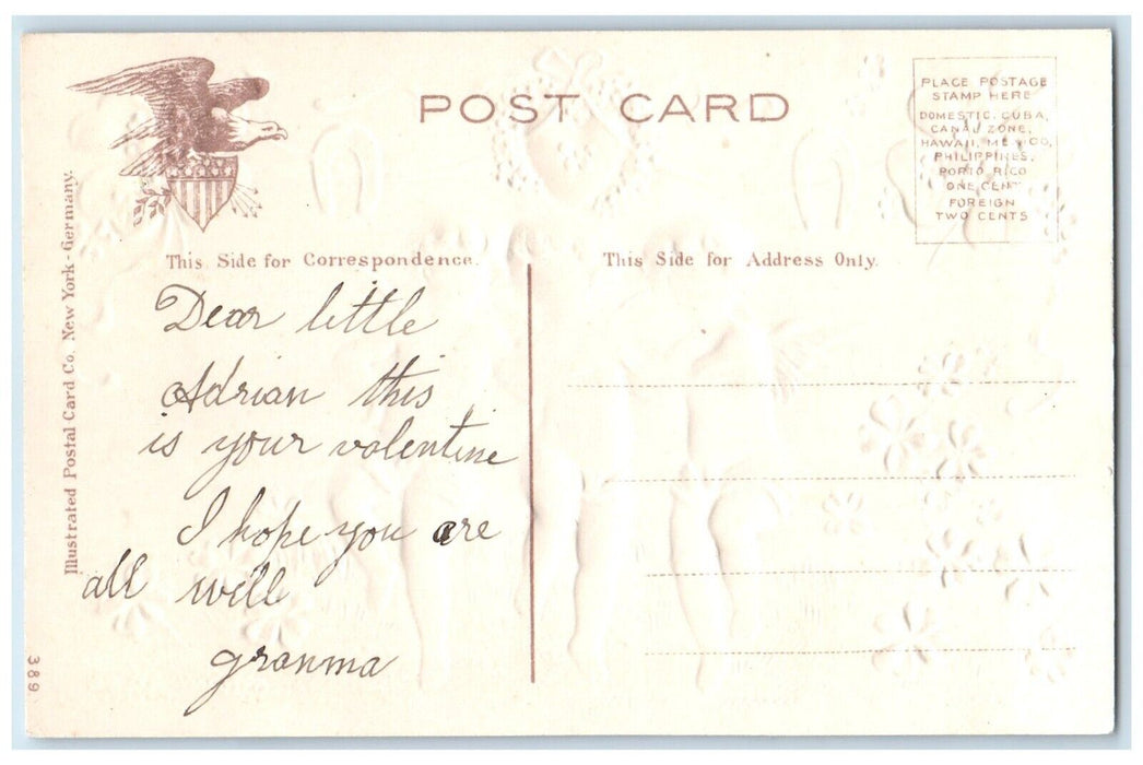 c1910's Valentine Angels Horseshoe Shamrocks Flowers Embossed Antique Postcard