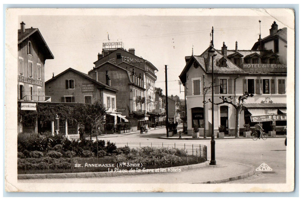 1959 The Square Station And Hotels Annemasse France Vintage RPPC Photo Postcard
