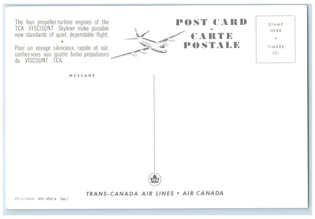 Trans Canada Air Lines TCA Turbo Prop Viscount Skyliner Airplane Postcard