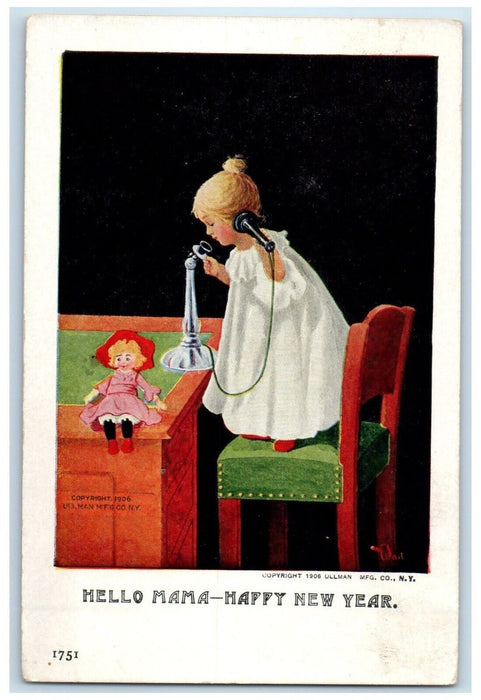 c1905 New Year Little Talking Telephone Doll Wall Unposted Antique Postcard