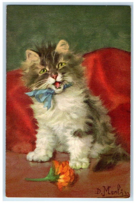 Cute Cat Kitten With Flower Merlin Art Switzerland Unposted Vintage Postcard