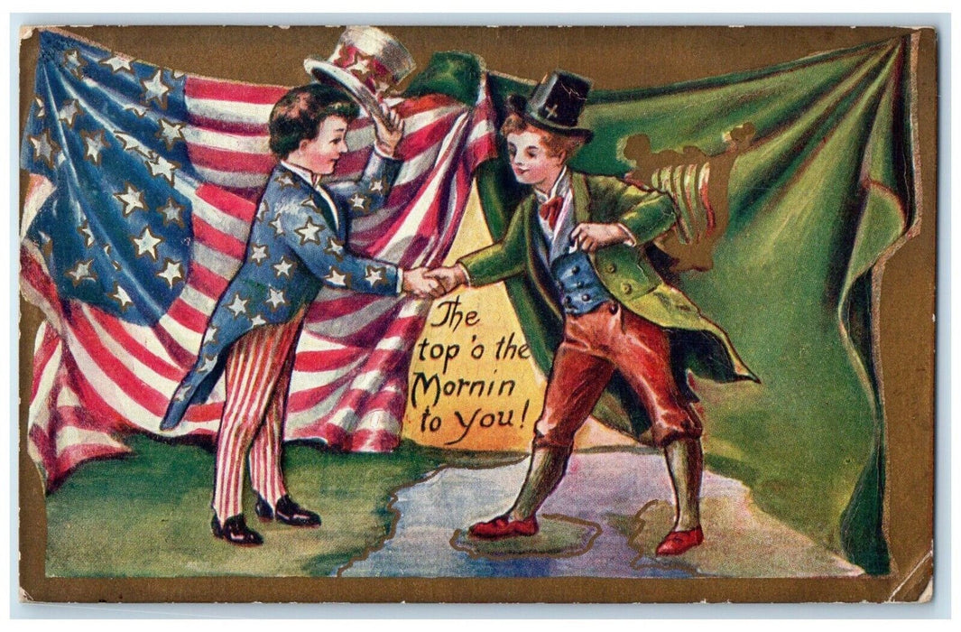 c1910's Uncle Sam Patriotic Flags Handshake Embossed Posted Antique Postcard