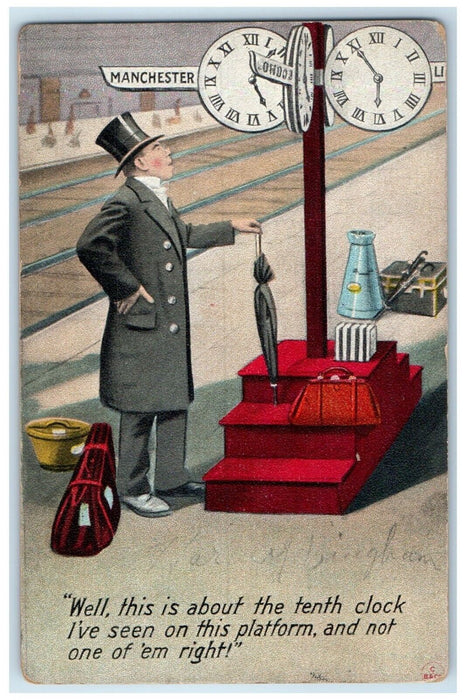 1910 Drunk Man Clock Railroad Station Bamforth Linesville PA Antique Postcard