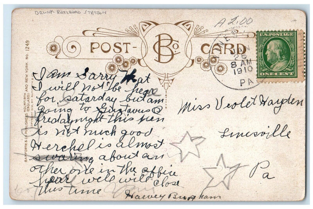 1910 Drunk Man Clock Railroad Station Bamforth Linesville PA Antique Postcard