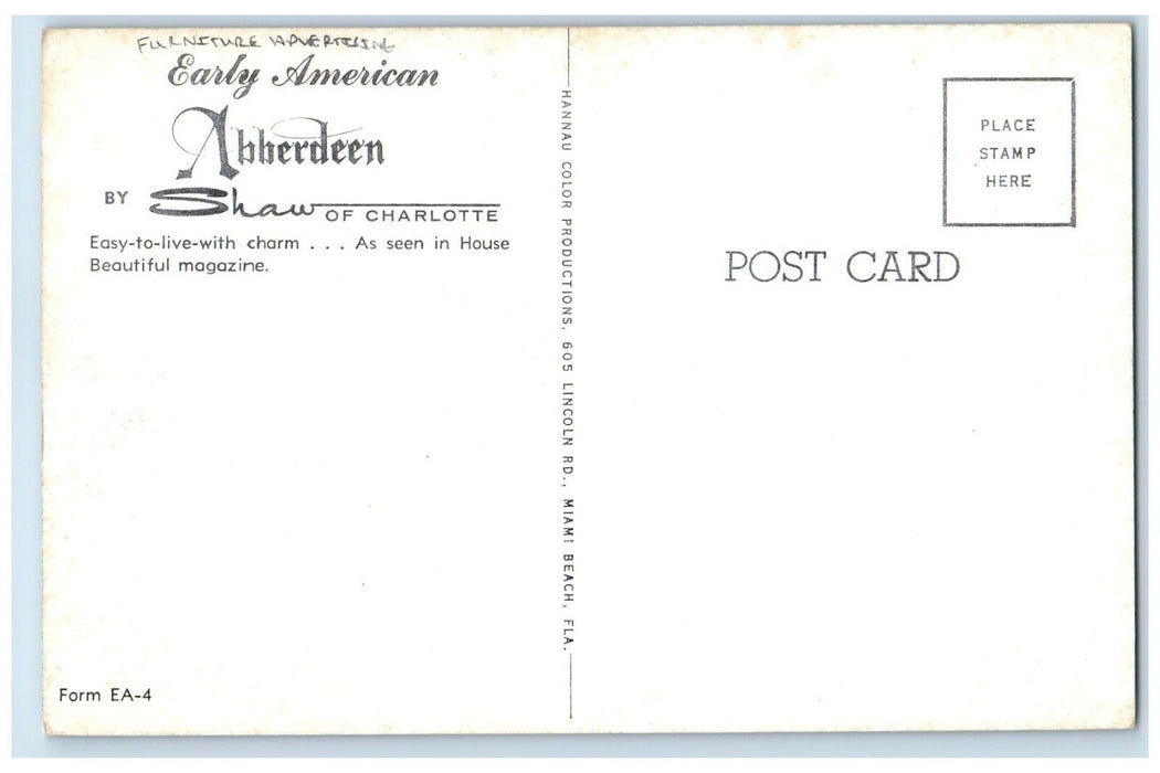 Early American Abberdeen Shaw Of Charlotte Furniture Advertising Postcard