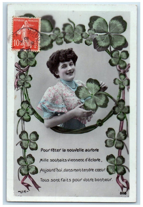 c1910's Pretty Woman Clover Four Leaf France RPPC Photo Posted Antique Postcard