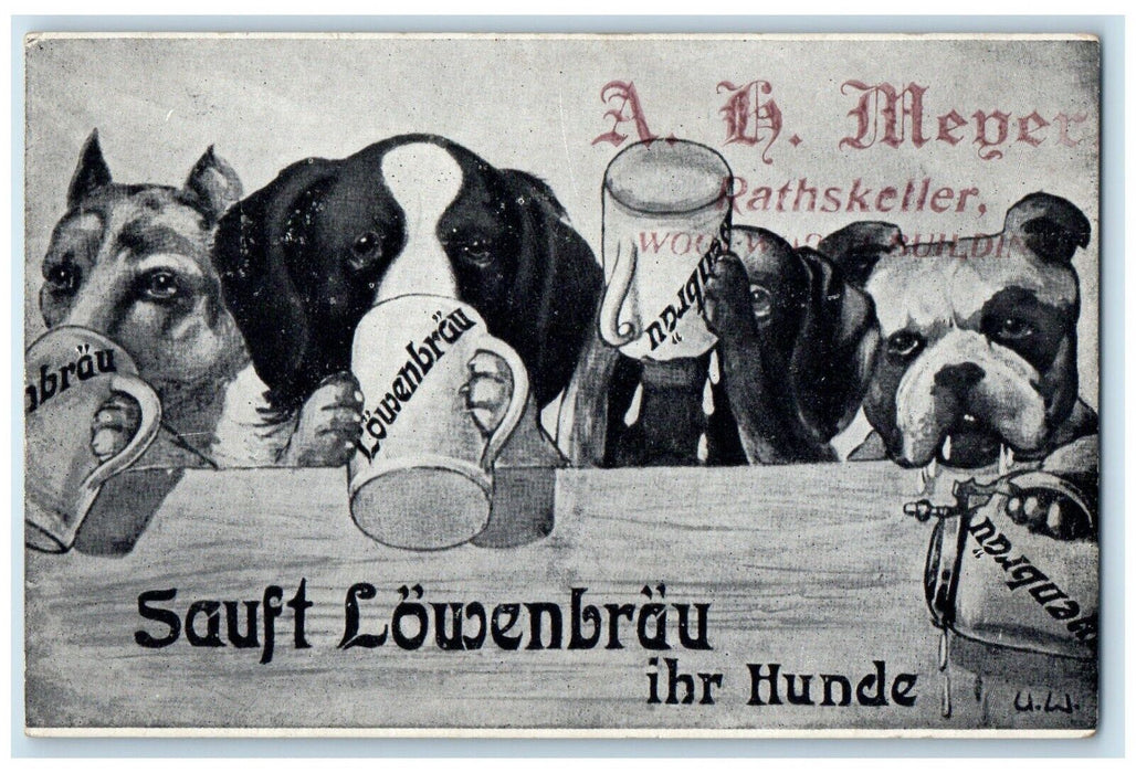 c1910's Lowen Brau Beer Advertising Dogs Hoboken New Jersey NJ Antique Postcard