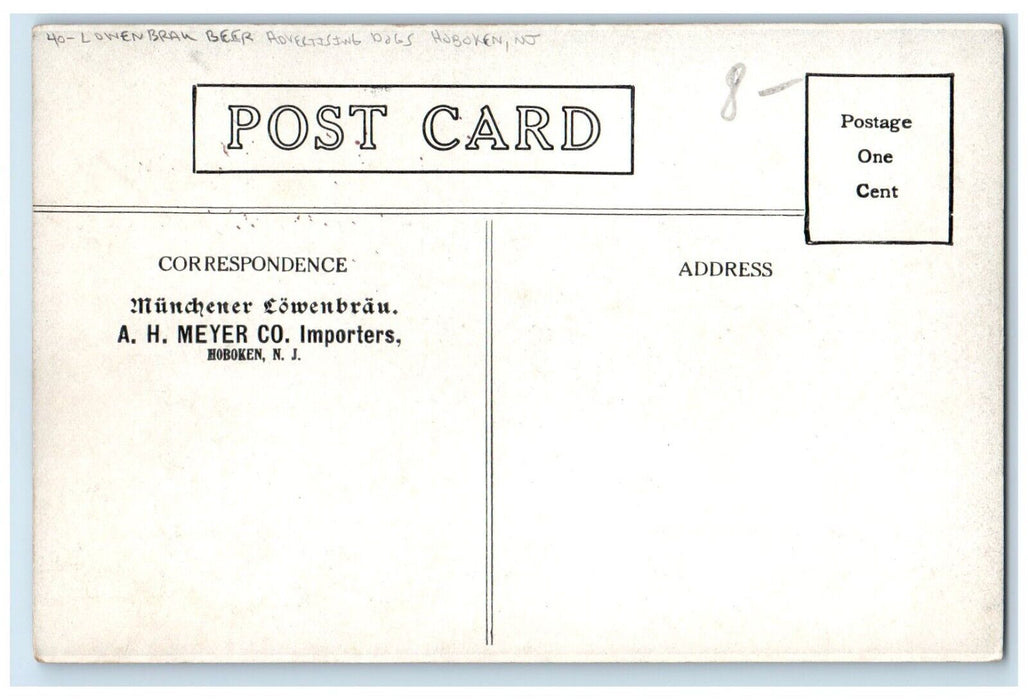 c1910's Lowen Brau Beer Advertising Dogs Hoboken New Jersey NJ Antique Postcard