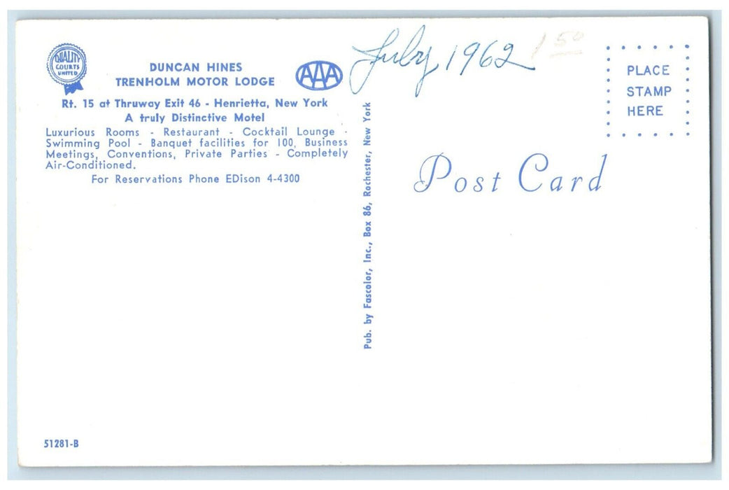 Duncan Hines Trenholm Motor Lodge Henrietta New York NY Multiview Postcard
