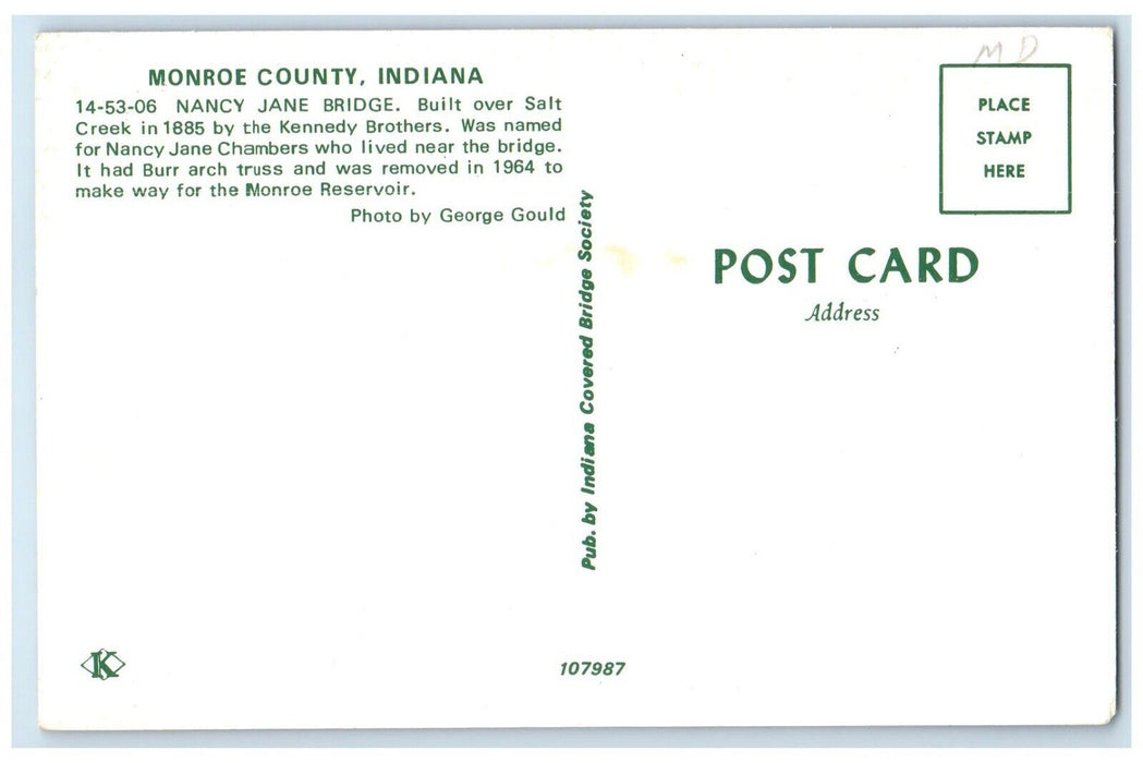 c1960's Nancy Jane Covered Bridge Monroe County Indiana IN Vintage Postcard