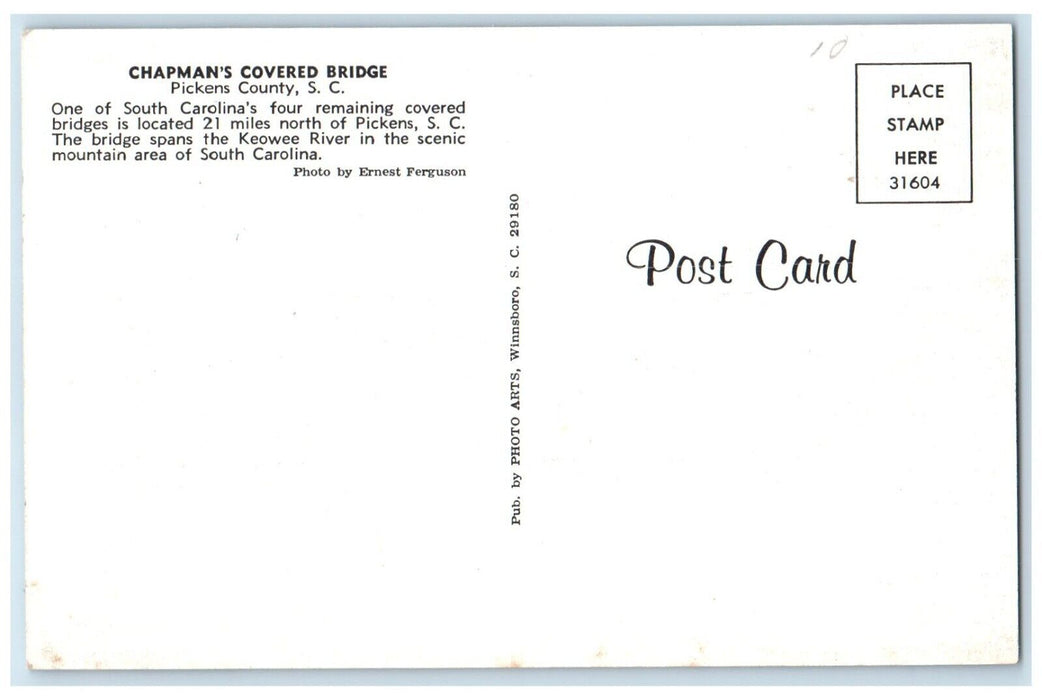 c1950's Chapman's Covered Bridge Pickens County South Carolina SC Postcard
