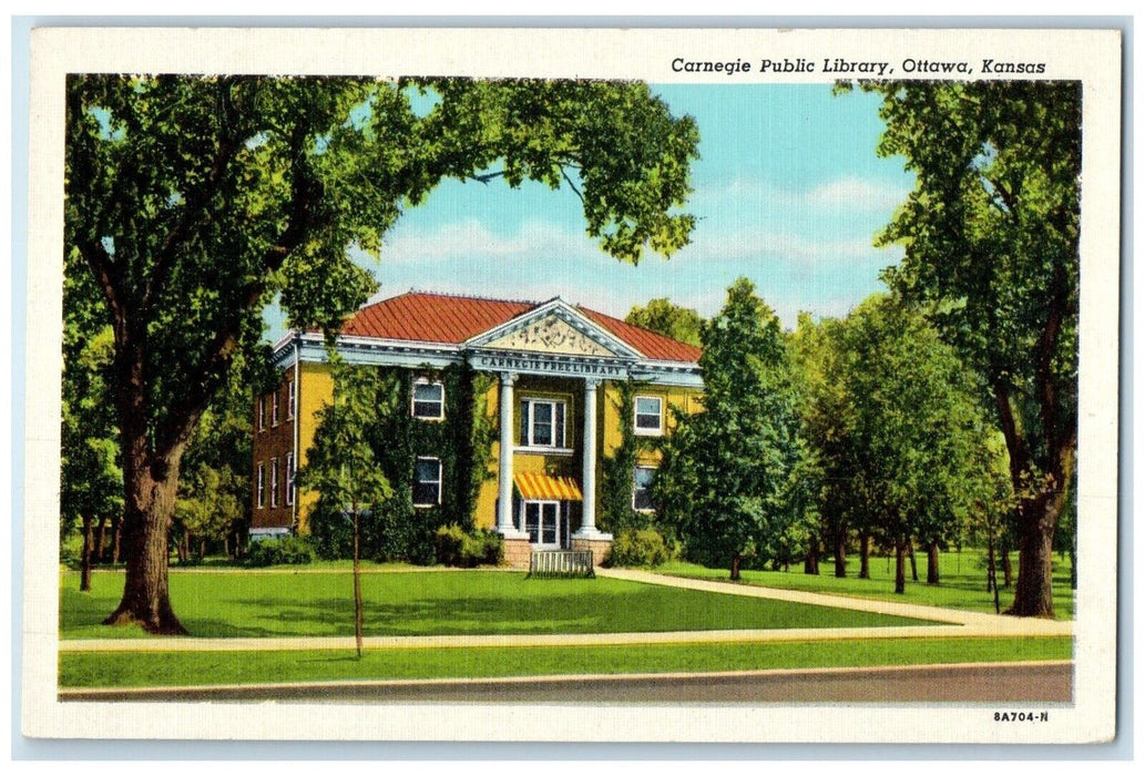 c1930's Carnegie Public Library Building Ottawa Kansas KS Vintage Postcard