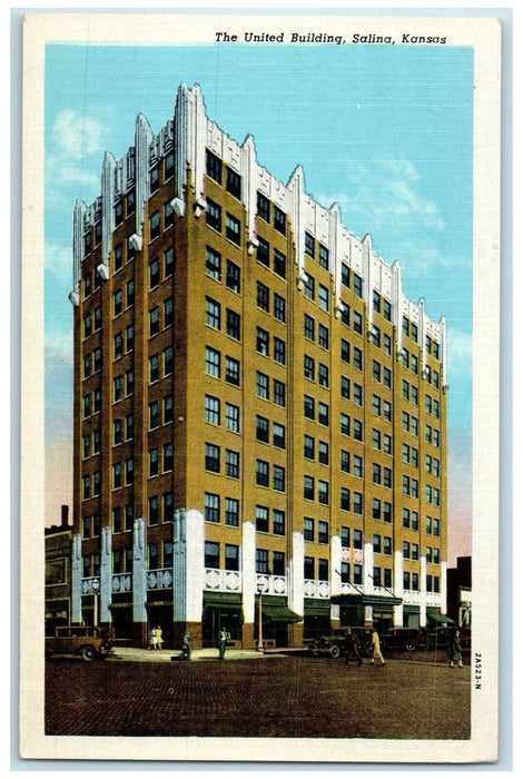 c1930's The United Building Cars Street View Salina Kansas KS Vintage Postcard