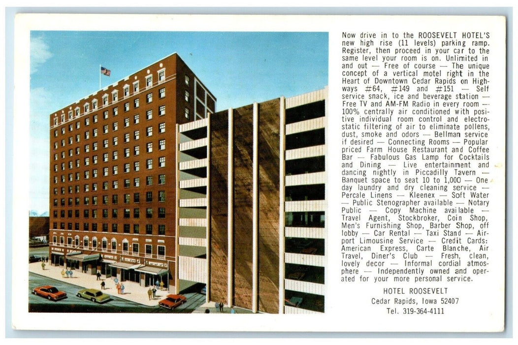 c1910's Hotel Roosevelt Building Cars Cedar Rapids Iowa IA Vintage Postcard