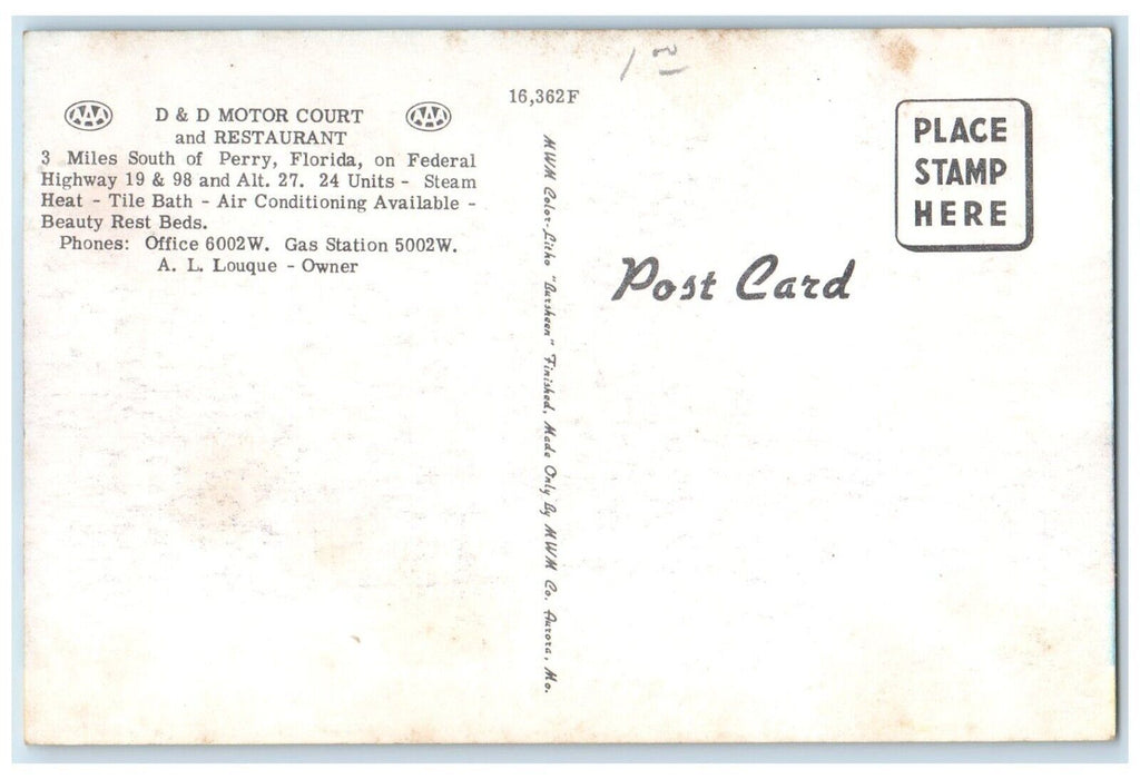 c1950's Motor Court & Restaurant Roadside Perry Florida FL Vintage Postcard
