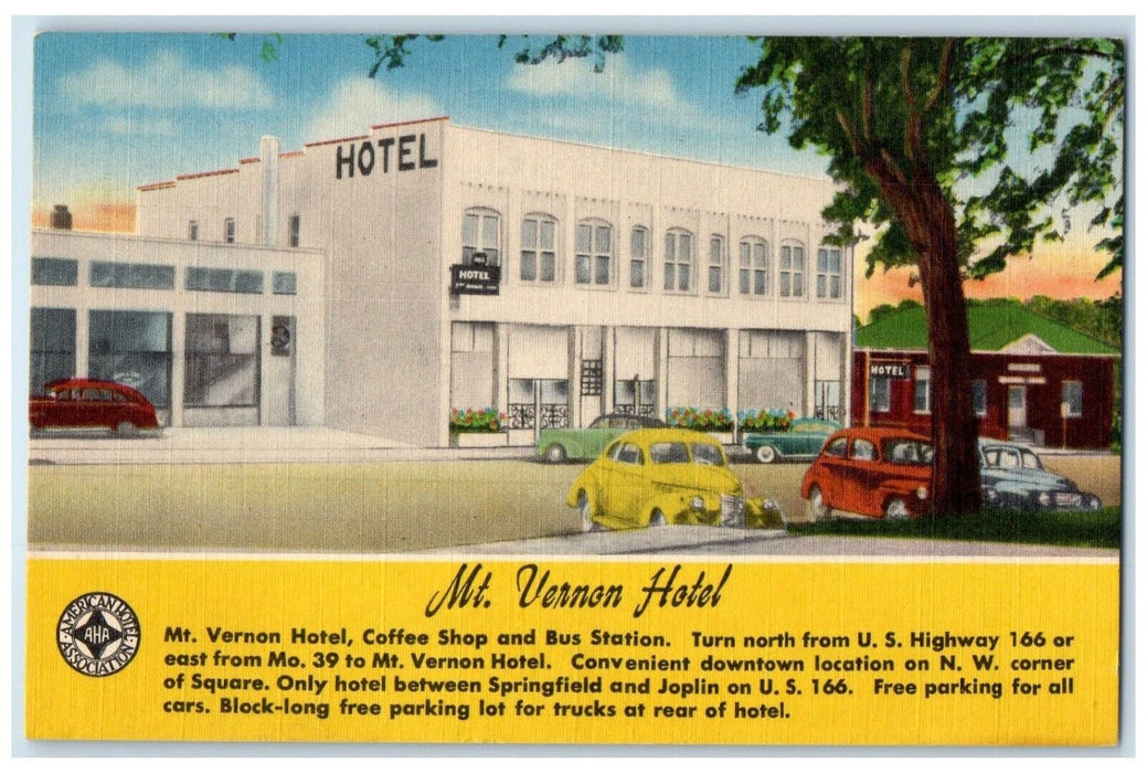 c1950's Mt. Vernon Hotel Coffee Shop And Bus Station Mt. Vernon MO Postcard