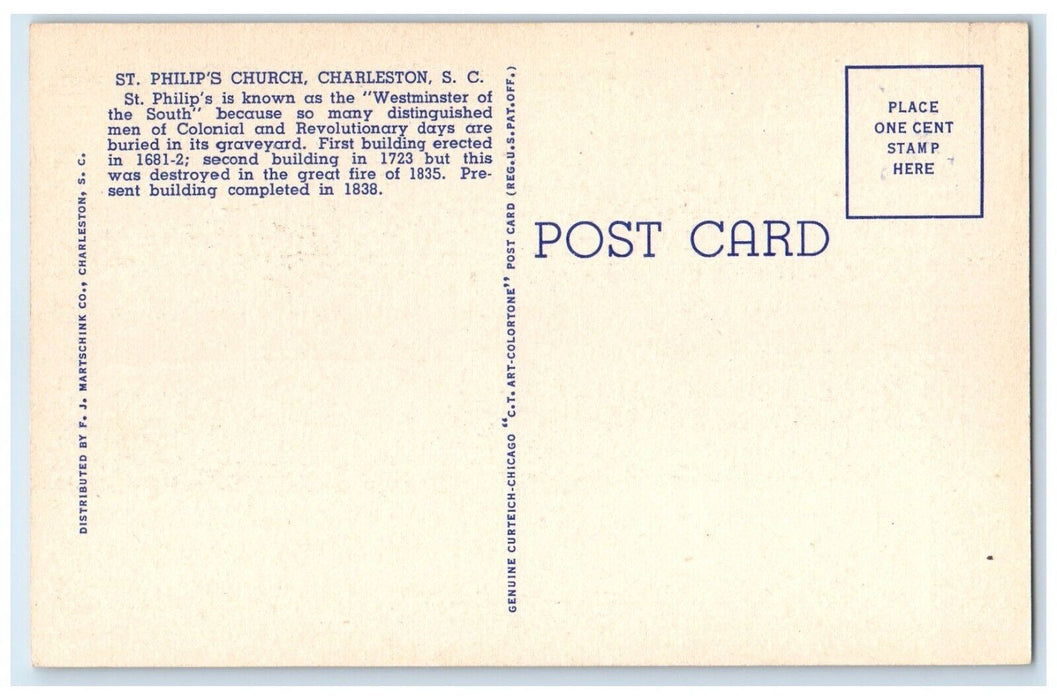 c1950's St. Phillips Church Charleston South Carolina SC Vintage Postcard