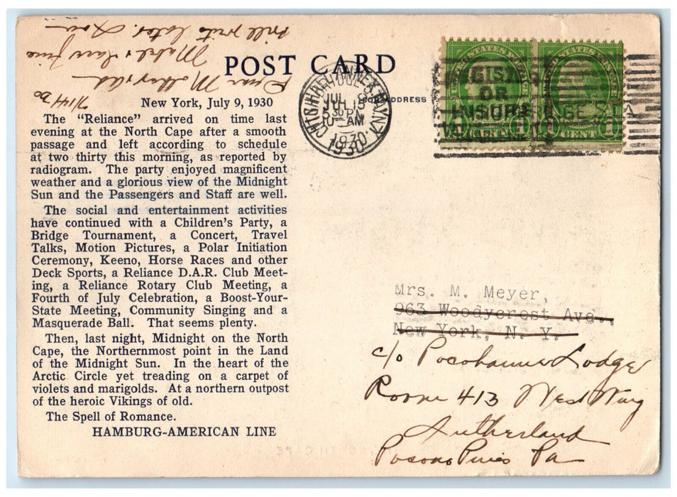 1930 Reliance Steamer Cruise Hamburg American Line North Cape Norway Postcard
